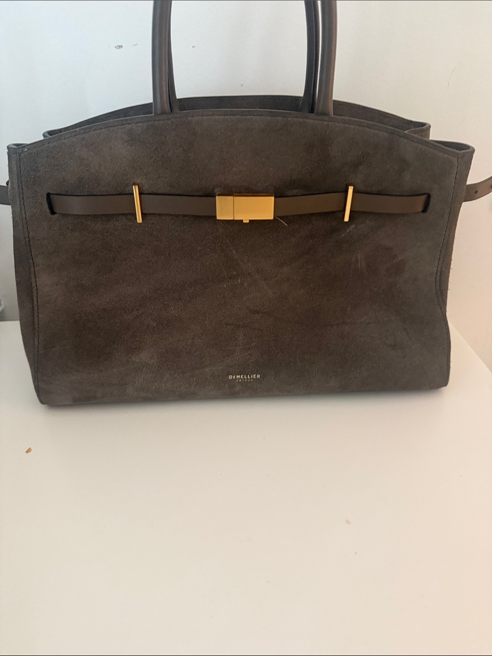 DeMellier olive Suede midi Hudson Tote with Gold Hardware